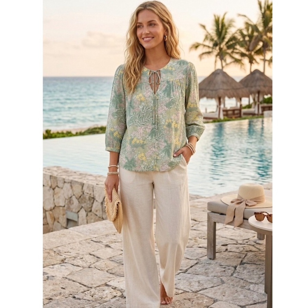 Wonderly Green Floral Botanical Split Neck Tie Top